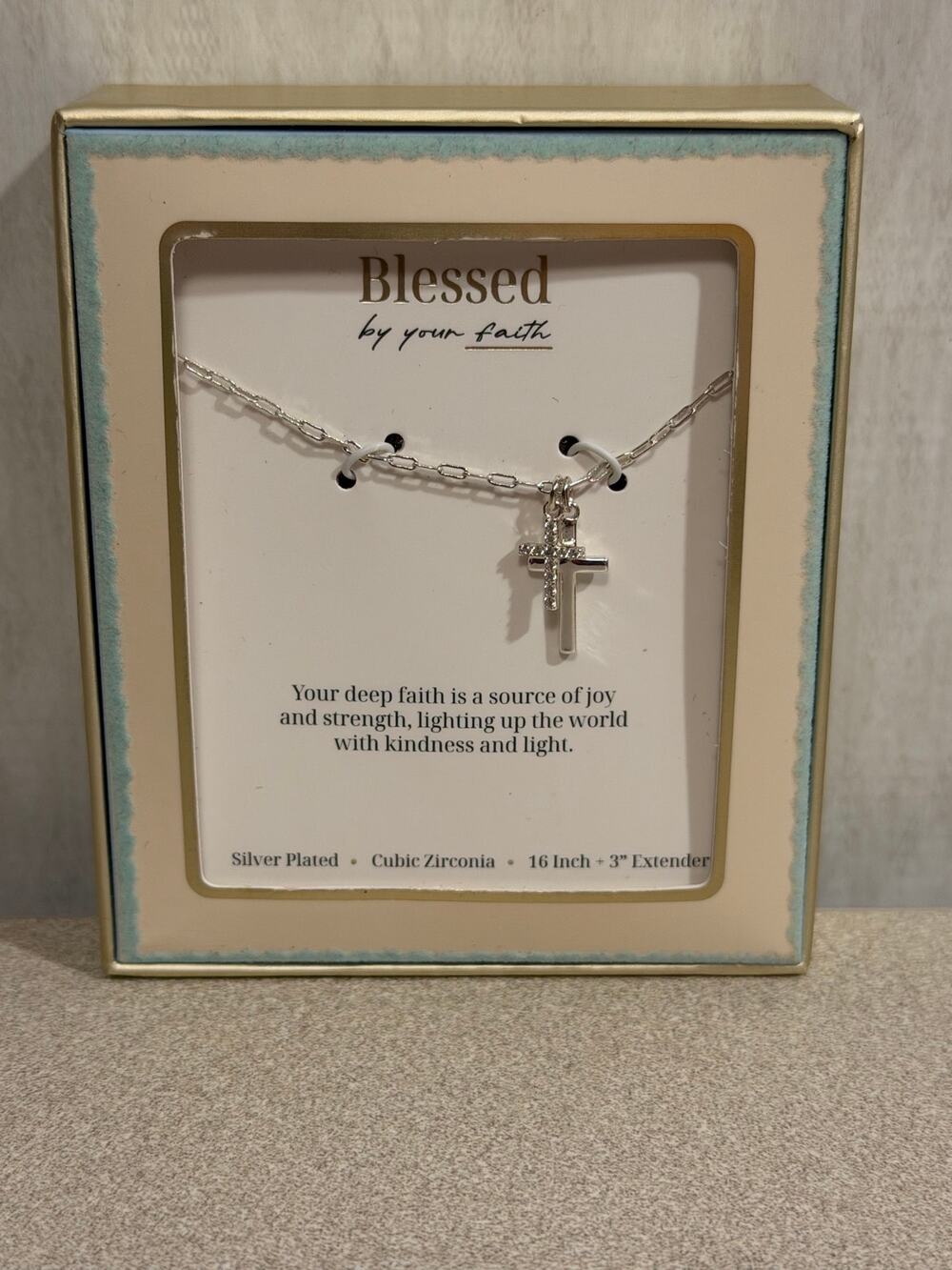 Blessed by Your Faith Double Cross Necklace Silver Plated CZ 16in + 3in Extender
